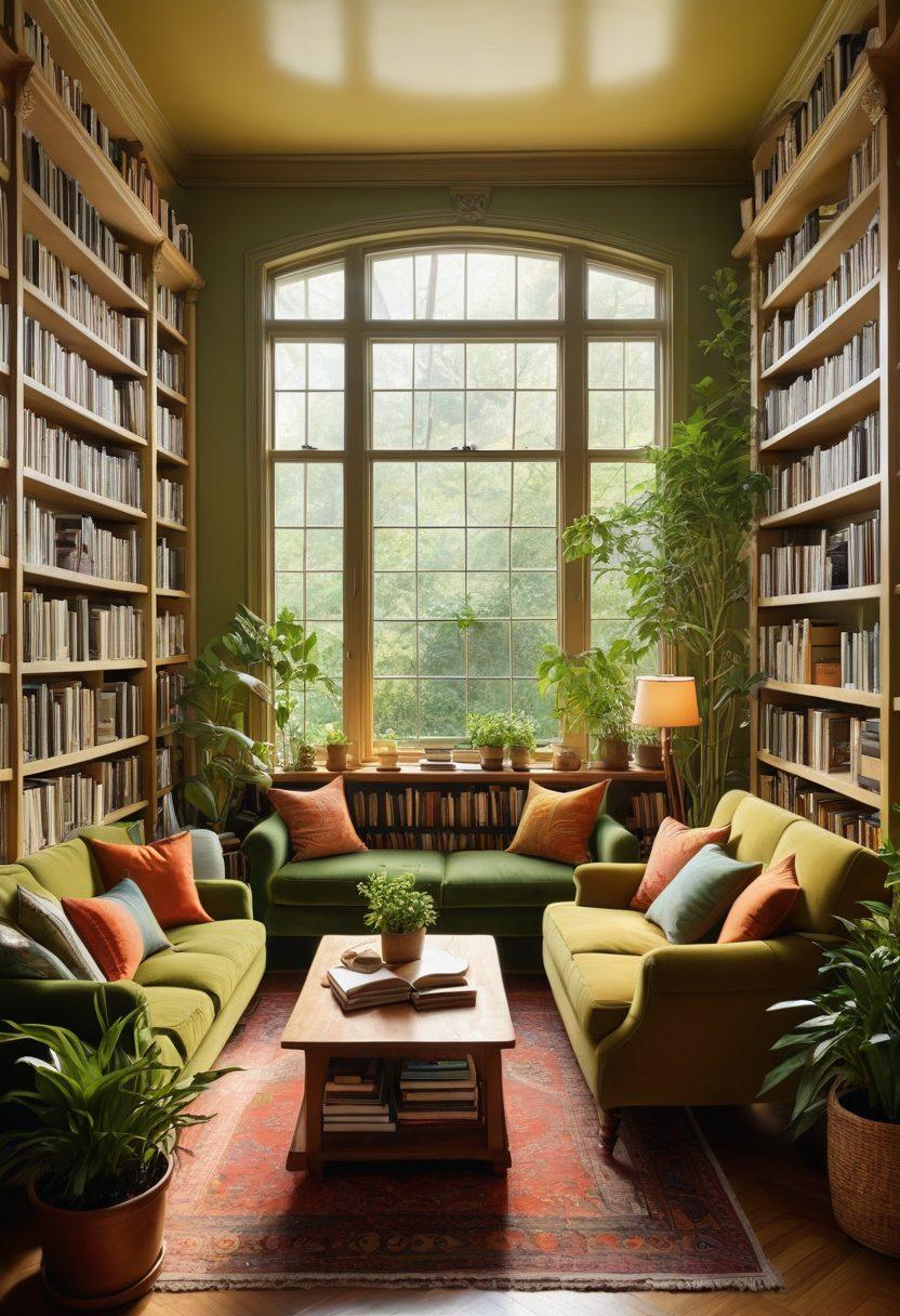An inviting, cozy room filled with bookshelves overflowing with vibrant novels, a large window letting in warm sunlight, people of diverse backgrounds conversing animatedly while sharing stories, with an aura of creativity and happiness in the air. The room should have plants and a comfortable reading nook, illustrating the community aspect of storytelling. super-realistic. warm colors. cozy atmosphere.