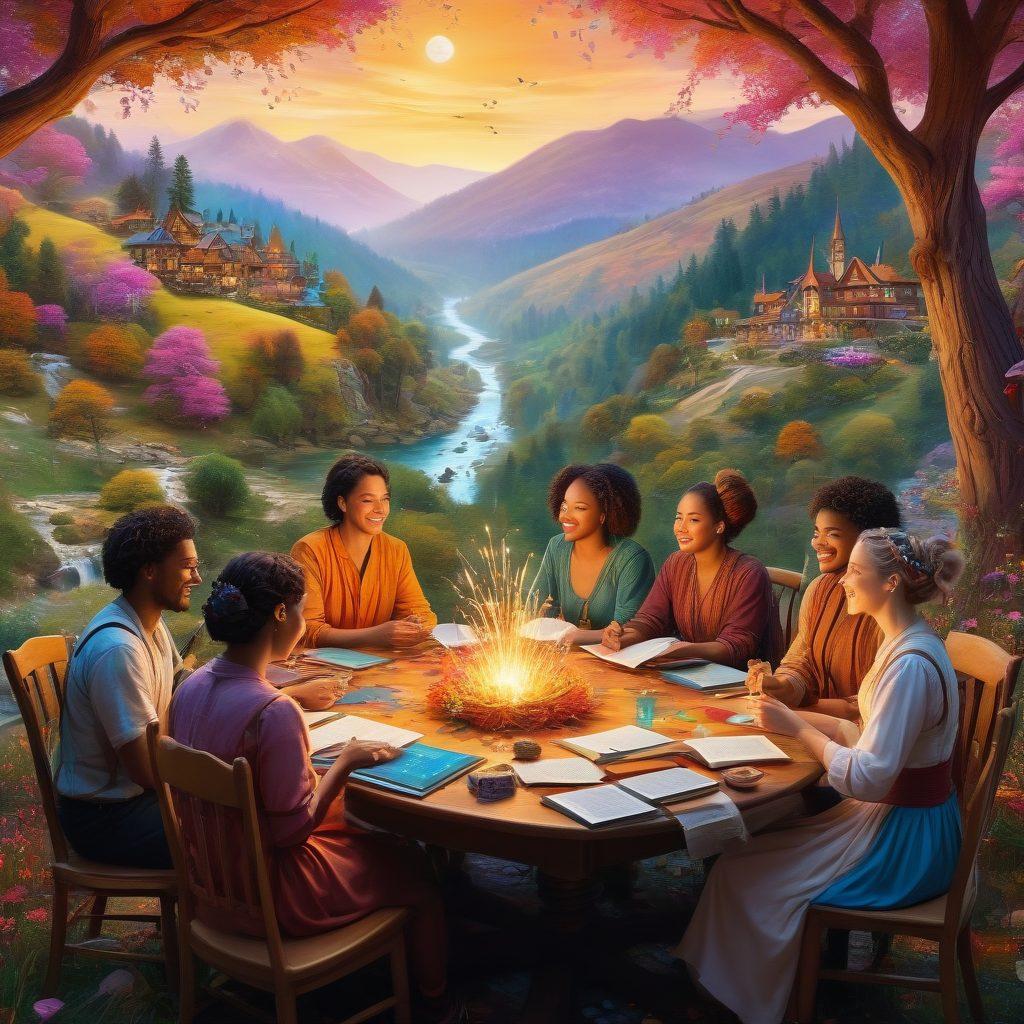A vibrant collage of diverse fan fiction characters joyfully interacting in a whimsical realm filled with magical elements and colorful landscapes. Include a group of writers sharing ideas around a creative table, surrounded by floating books and glowing quills. Ensure a sense of camaraderie and inspiration through warm lighting and joyful expressions. Illustrate a blend of fantasy and reality, showcasing various genres. super-realistic. vibrant colors. enchanting atmosphere.
